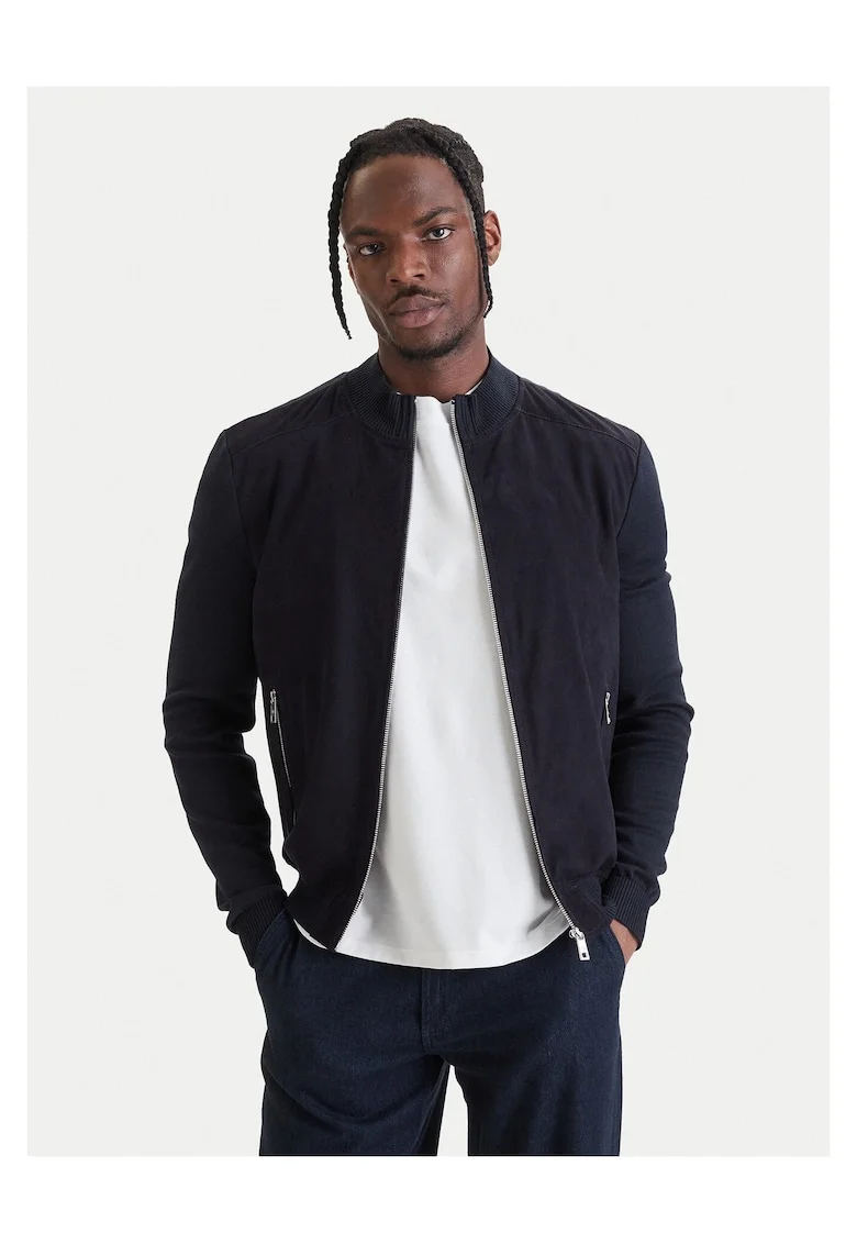 Geaca bomber Barbati,  Piele intoarsa, Bleumarin
