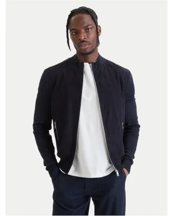 Geaca bomber Barbati,  Piele intoarsa, Bleumarin