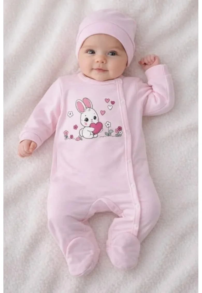 Salopeta bebe fete roz deschis iepuras inimioara bumbac cu caciula, Roz