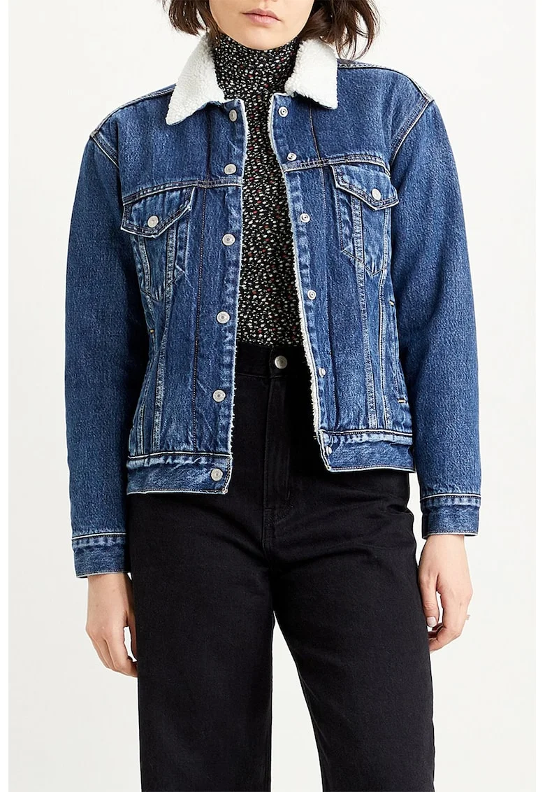 Jacheta trucker de denim cu blana sherpa si buzunare pe piept, Alb/Albastru
