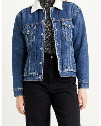 Jacheta trucker de denim cu blana sherpa si buzunare pe piept, Alb/Albastru