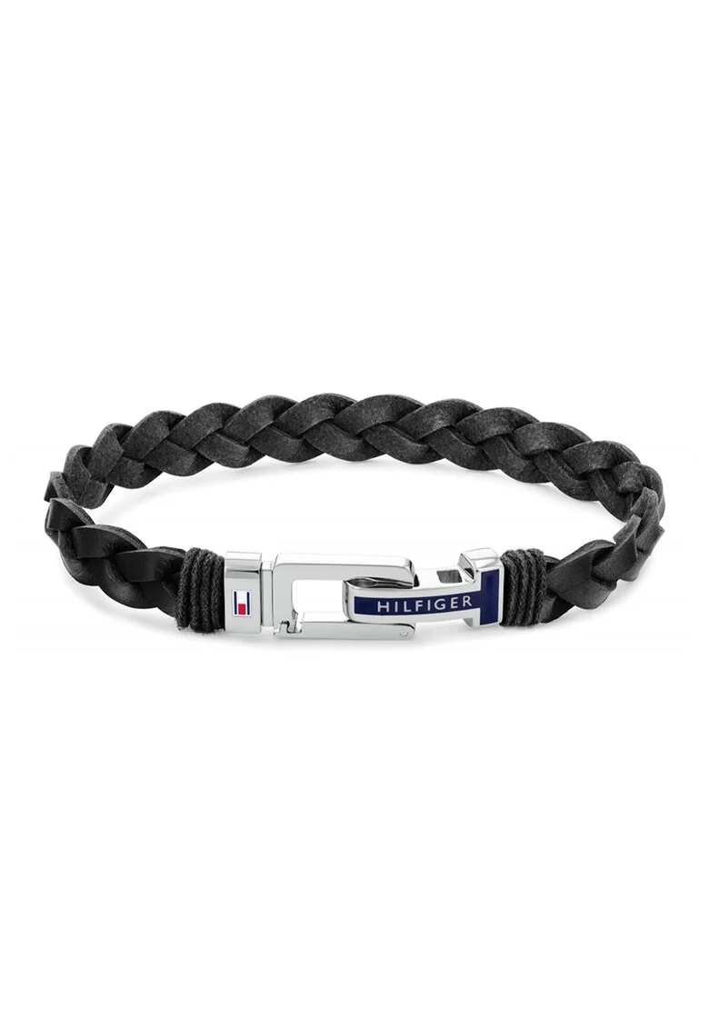 Bratara de piele cu logo, Negru/Argintiu