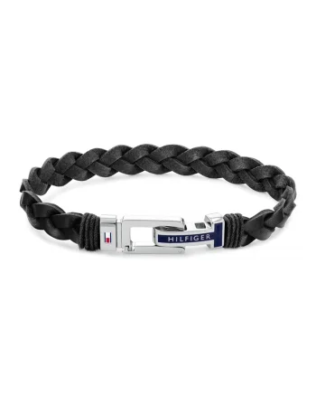 Bratara de piele cu logo, Negru/Argintiu