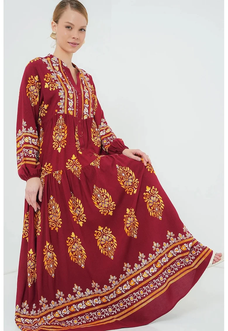Rochie maxi viscoza, cu imprimeu, Rosu inchis