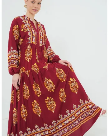 Rochie maxi viscoza, cu imprimeu, Rosu inchis