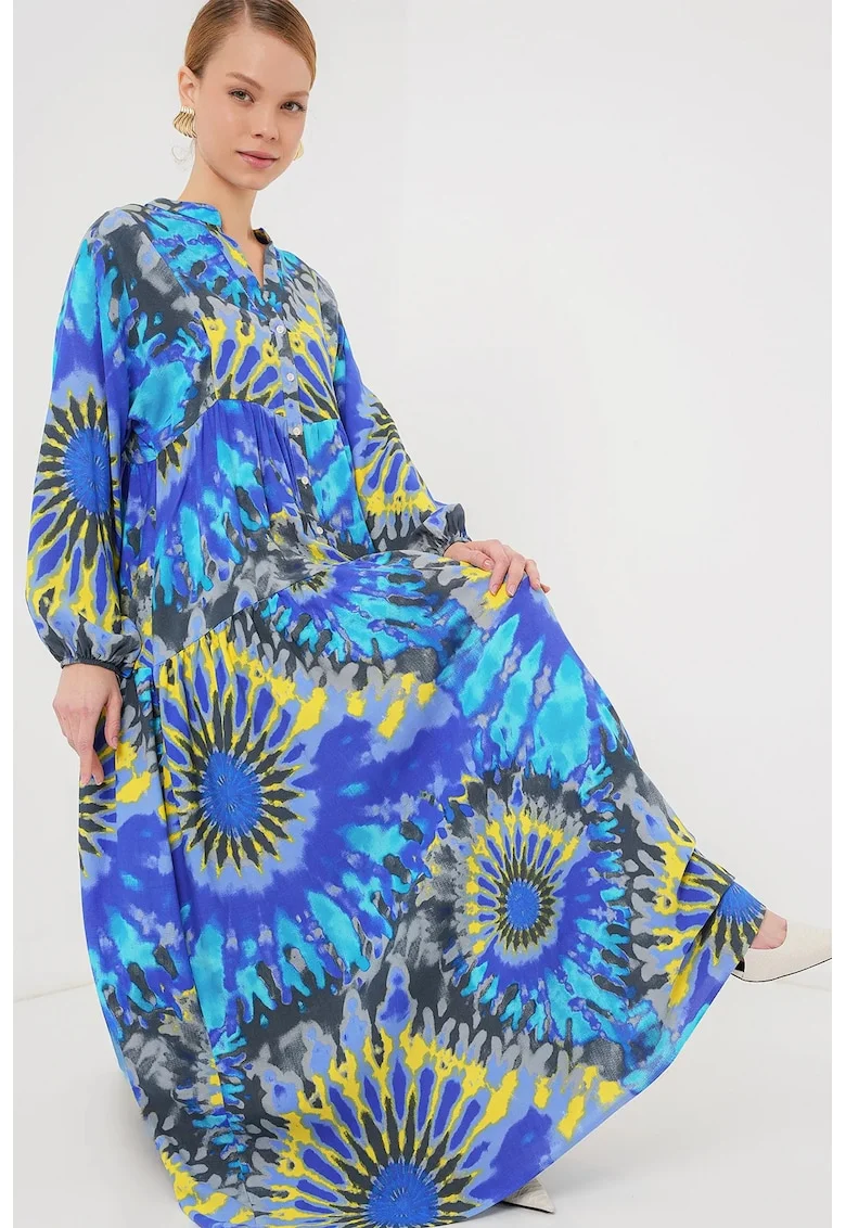 Rochie maxi, imprimeu, decolteu in V, viscoza, Albastru, Albastru inchis