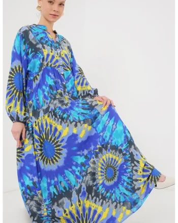 Rochie maxi, imprimeu, decolteu in V, viscoza, Albastru, Albastru inchis