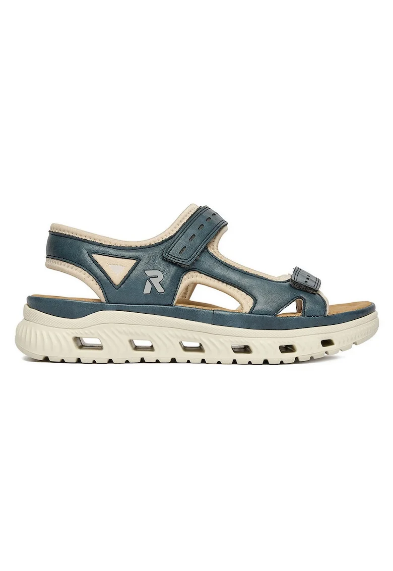 Sandale dama  piele ecologica, inchidere Velcro, Bej/Bleumarin