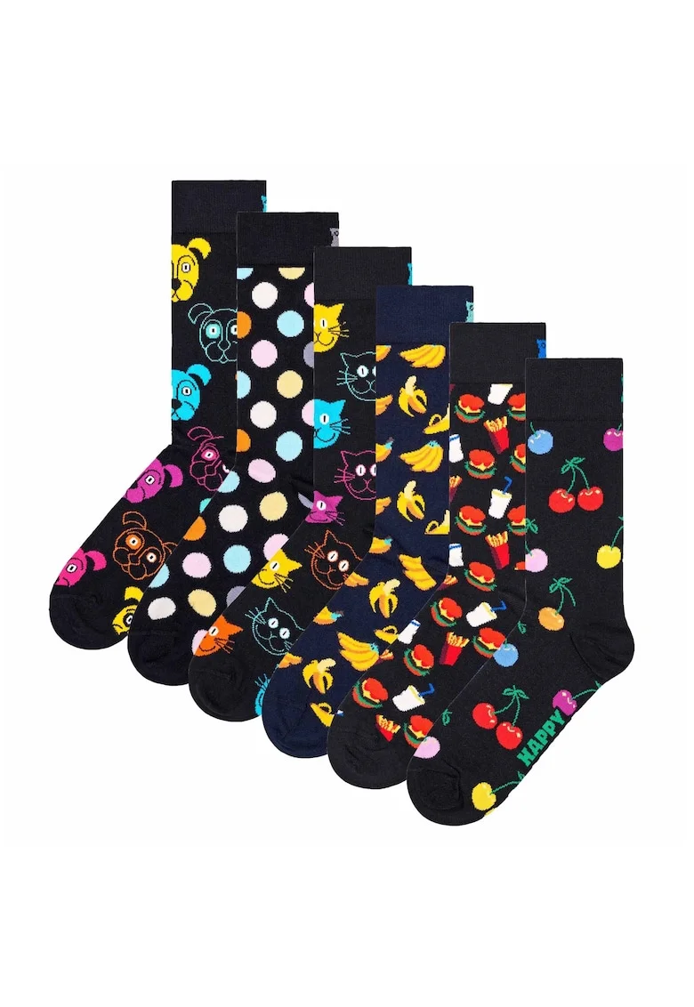 Set de sosete lungi unisex cu model - 6 perechi, Negru/Galben/Albastru