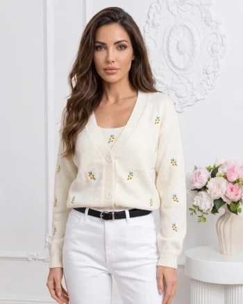 Cardigan floral din tricot fin c...