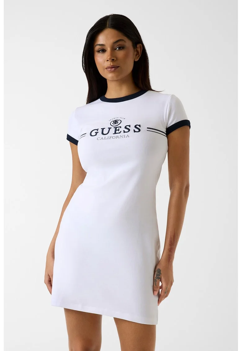 Rochie din amestec de bumbac cu maneci scurte si logo, Alb optic
