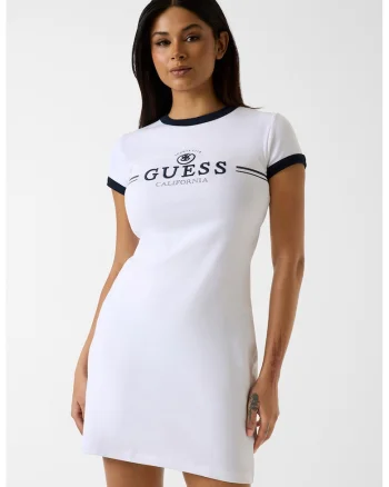 Rochie din amestec de bumbac cu maneci scurte si logo, Alb optic