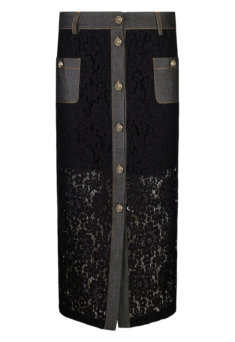 Fusta midi cu strat exterior de dantela, Negru