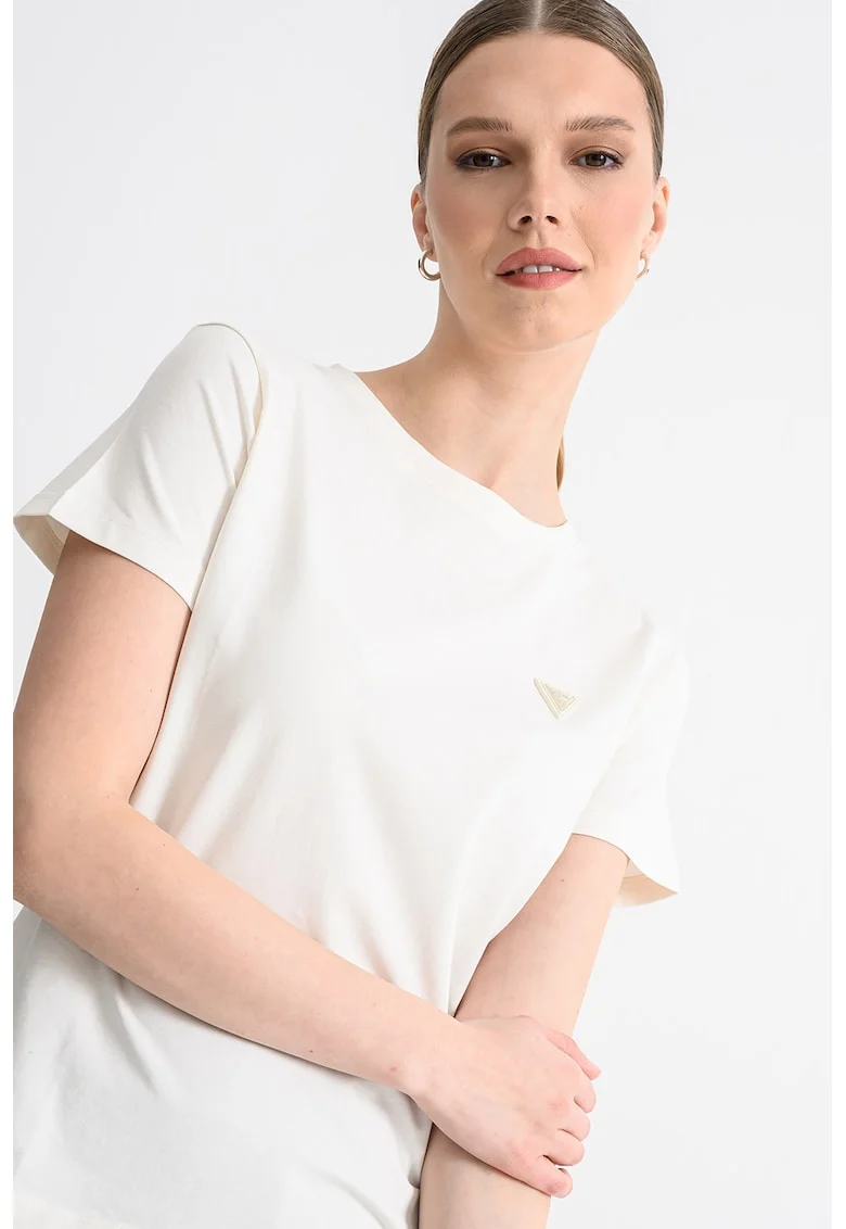Tricou cu decolteu la baza gatului si aplicatie logo discreta, Alb fildes/Bej deschis