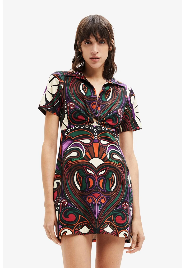Rochie cu imprimeu si guler ascutit, Multicolor
