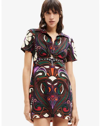 Rochie cu imprimeu si guler ascutit, Multicolor