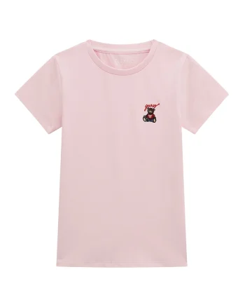 Tricou din amestec de bumbac cu decolteu la baza gatului, Roz