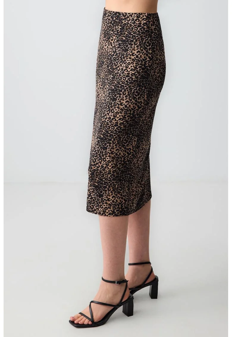 Fusta midi cu animal print, Negru/Maro camel