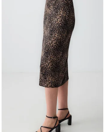 Fusta midi cu animal print, Negru/Maro camel