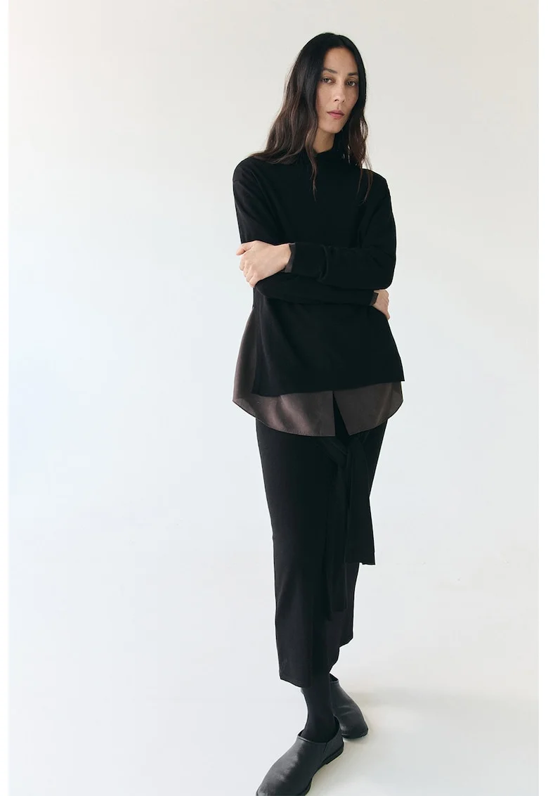 Fusta midi dreapta tricotata fin, Negru