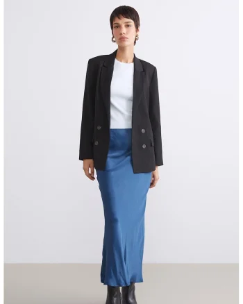 Fusta midi cu aspect de satin, Albastru
