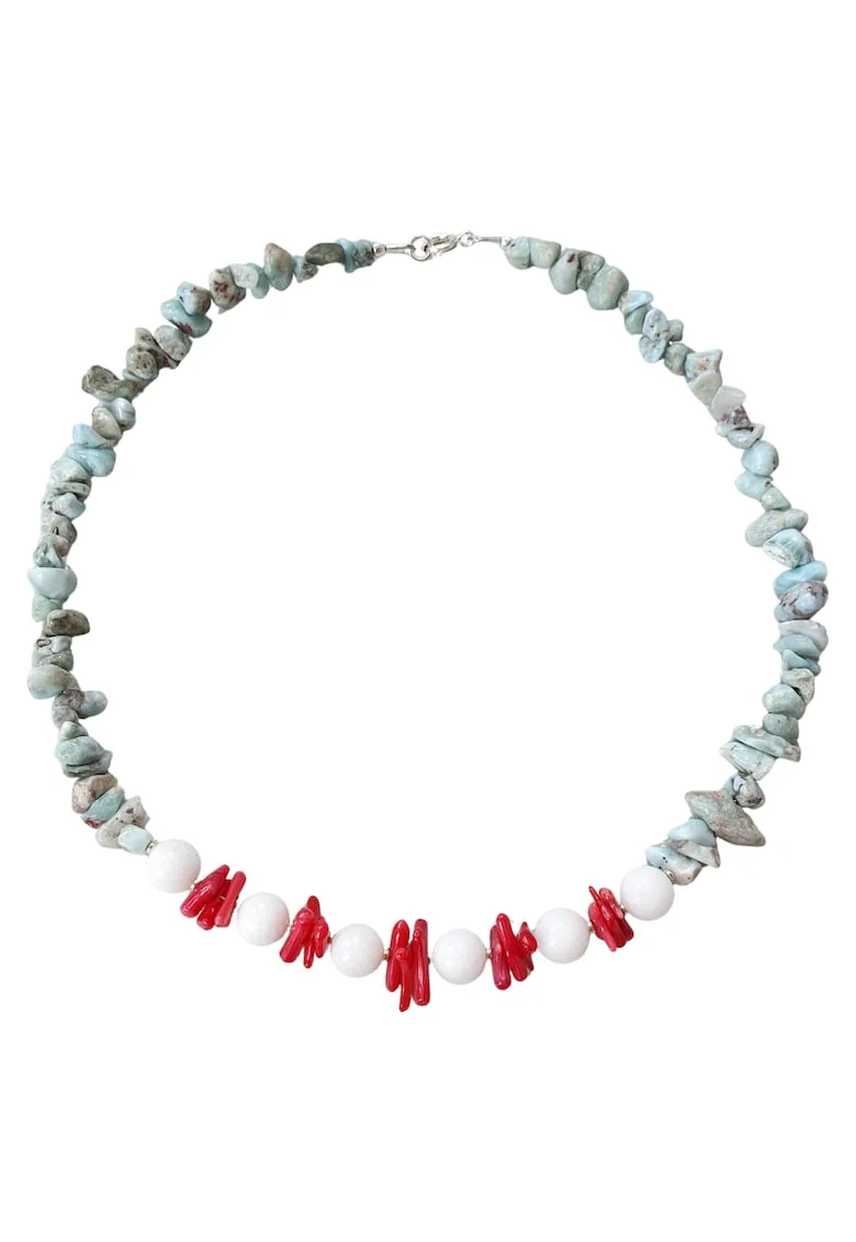 Colier din larimar, pietre de jad alb si coral rosu cu argint 925, 40 cm