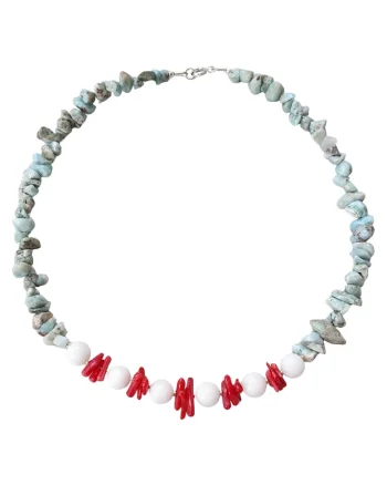 Colier din larimar, pietre de jad alb si coral rosu cu argint 925, 40 cm