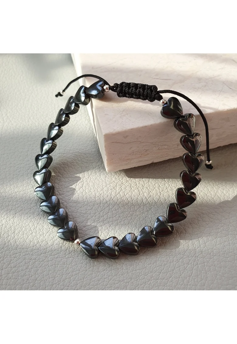 Bratara handmade reglabila din inimi de hematit si bilute din argint 925