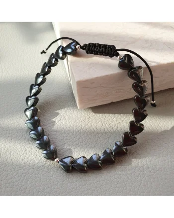 Bratara handmade reglabila din inimi de hematit si bilute din argint 925
