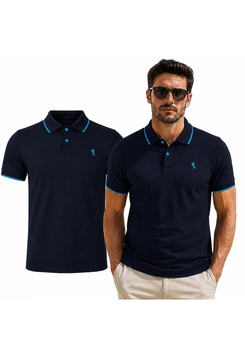 Tricou polo cu detaliu logo contrastant, Albastru inchis