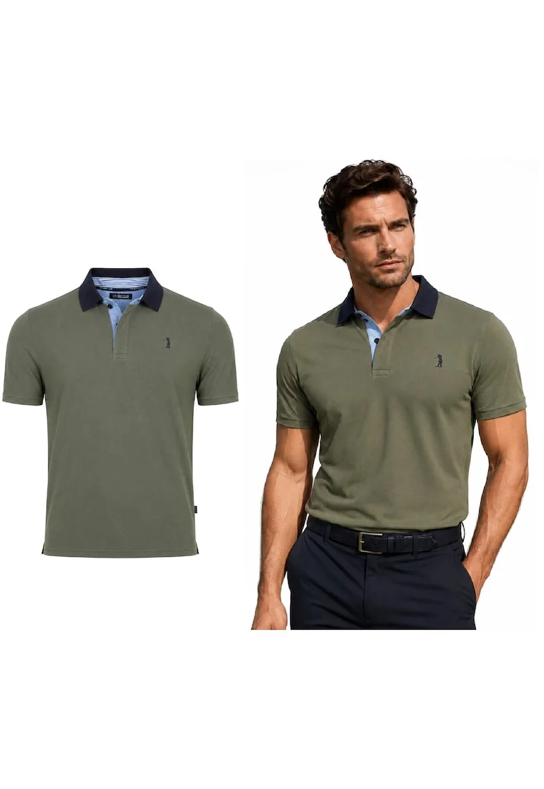 Tricou polo din bumbac cu guler contrastant, Kaki