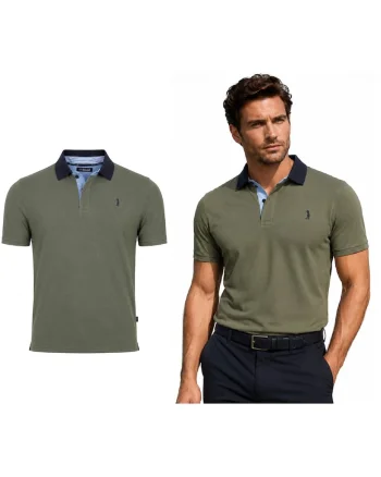 Tricou polo din bumbac cu guler contrastant, Kaki