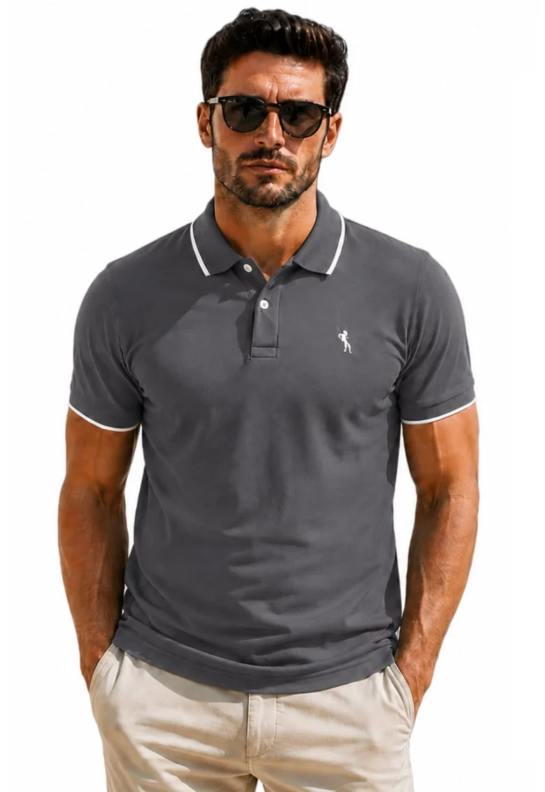 Tricou polo din bumbac cu detalii contrastante, Gri