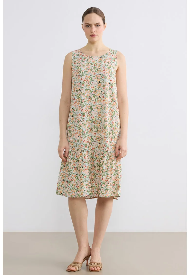 Rochie cu decolteu rotund si model floral, Multicolor