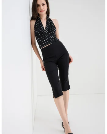 Top crop cu decolteu halter, Alb/Negru