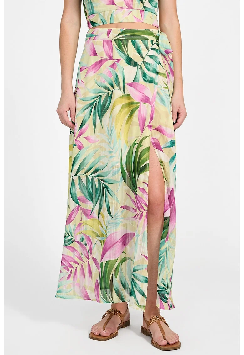 Fusta maxi cu model tropical, Galben pal/Roz/Verde persan