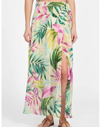 Fusta maxi cu model tropical, Galben pal/Roz/Verde persan