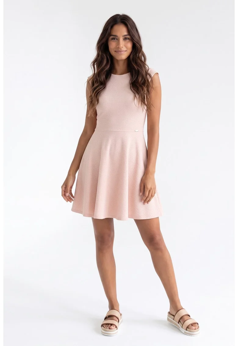 Rochie casual midi cu decolteu rotund, fara maneci, croiala clasica, regular, pentru zi de zi - M1369, Roz