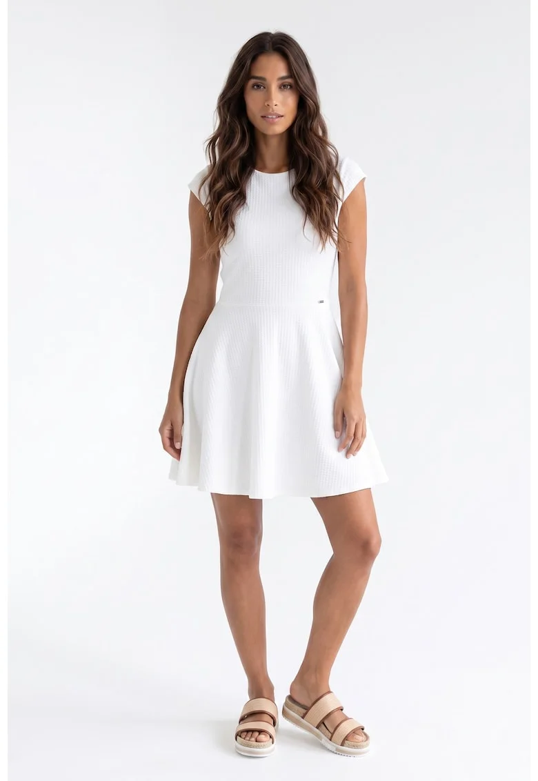 Rochie casual midi cu decolteu rotund, fara maneci, croiala clasica, regular, pentru zi de zi - M1369, Ecru