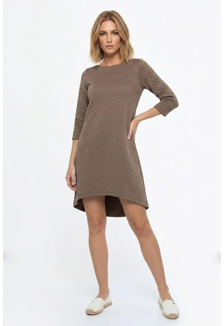 Rochie casual midi, croiala lejera, decolteu barcuta, maneca 3/4, fara inchidere, stil clasic - M1363, Bej