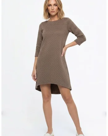 Rochie casual midi, croiala lejera, decolteu barcuta, maneca 3/4, fara inchidere, stil clasic - M1363, Bej
