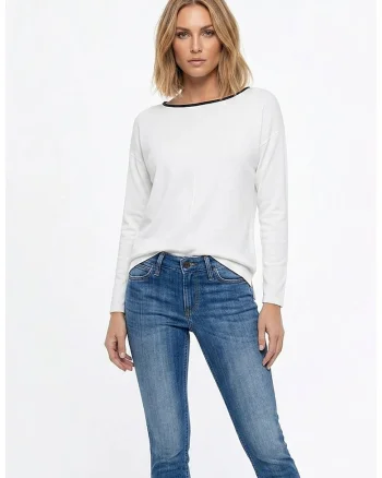 Bluza casual cu maneca lunga, decolteu rotund, croiala regular, lungime pana la sold, din poliester - M1362, Ecru