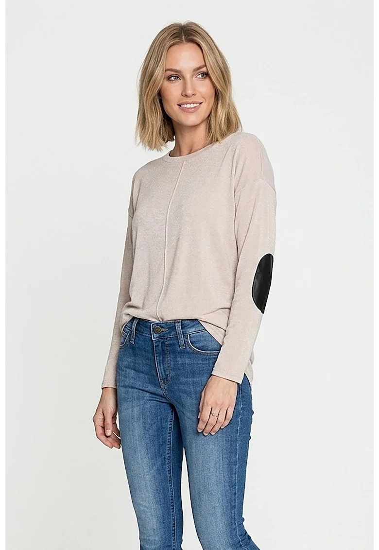 Bluza casual cu maneca lunga, decolteu rotund, croiala regular, lungime pana la sold, din poliester - M1362, Bej