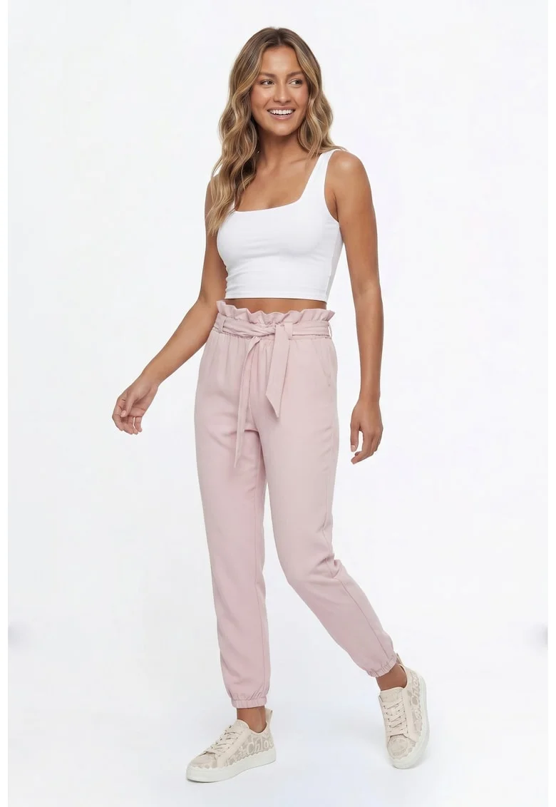 Pantaloni dama casual regular, lungime 7/8, talie inalta, cu buzunare si curea - M1347, Roz
