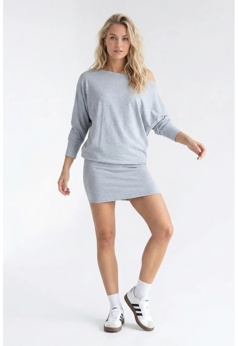 Rochie casual din bumbac, cu decolteu barca, maneci 3/4, croiala lejera, midi, fara inchidere - M1345, Gri