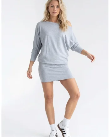 Rochie casual din bumbac, cu decolteu barca, maneci 3/4, croiala lejera, midi, fara inchidere - M1345, Gri