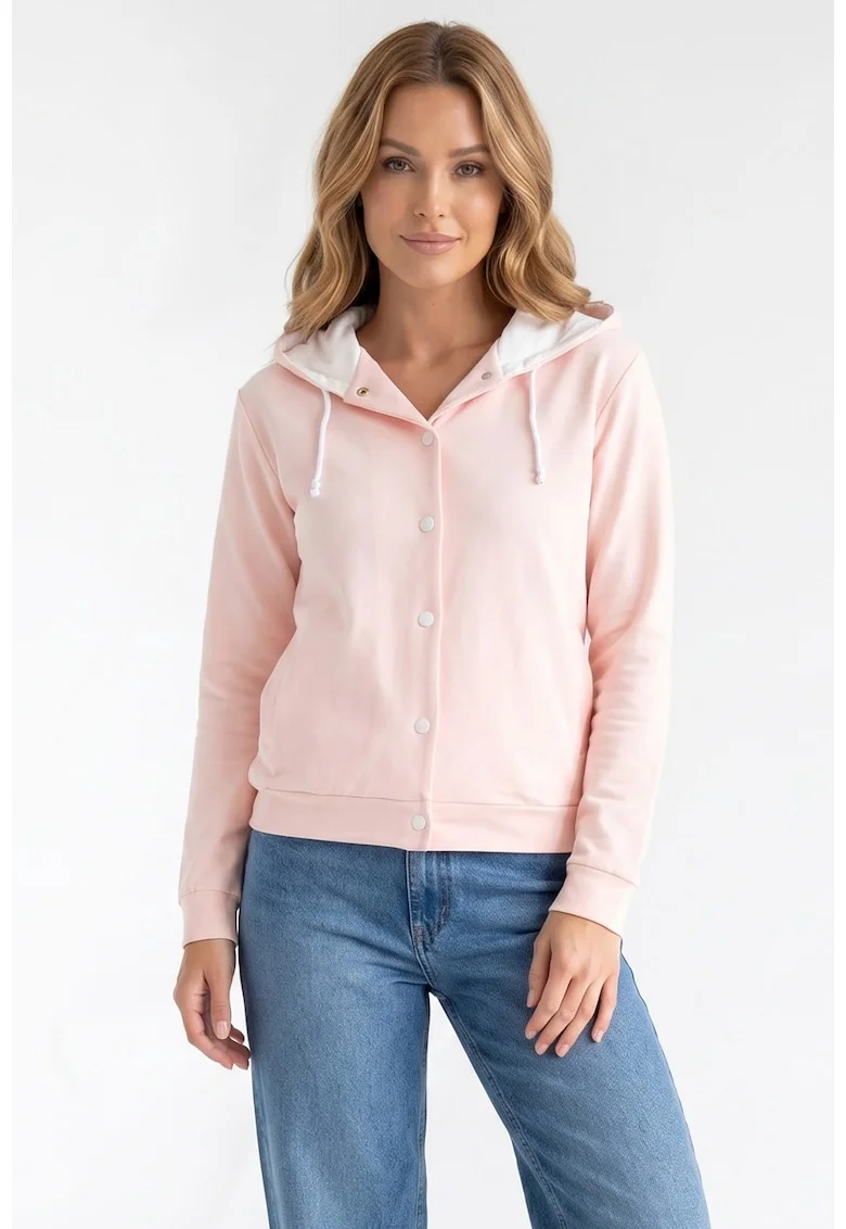 Cardigan cu gluga, decolteu in V, maneca lunga, croi petrecut lejer, lungime standard - M1370, Roz