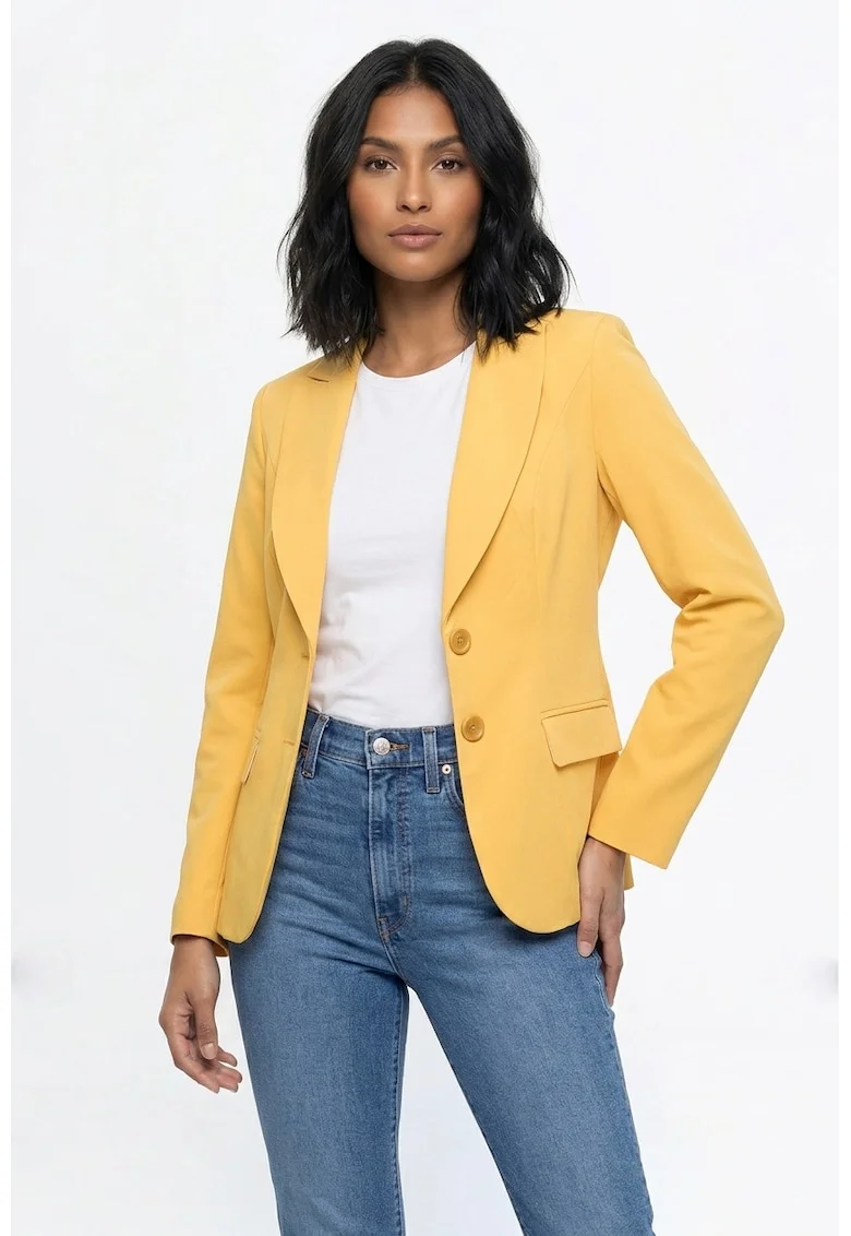 Sacou elegant cu decolteu in V, maneca lunga, croiala cambrata, lungime standard, inchidere cu nasturi si guler clasic - M1336, Galben