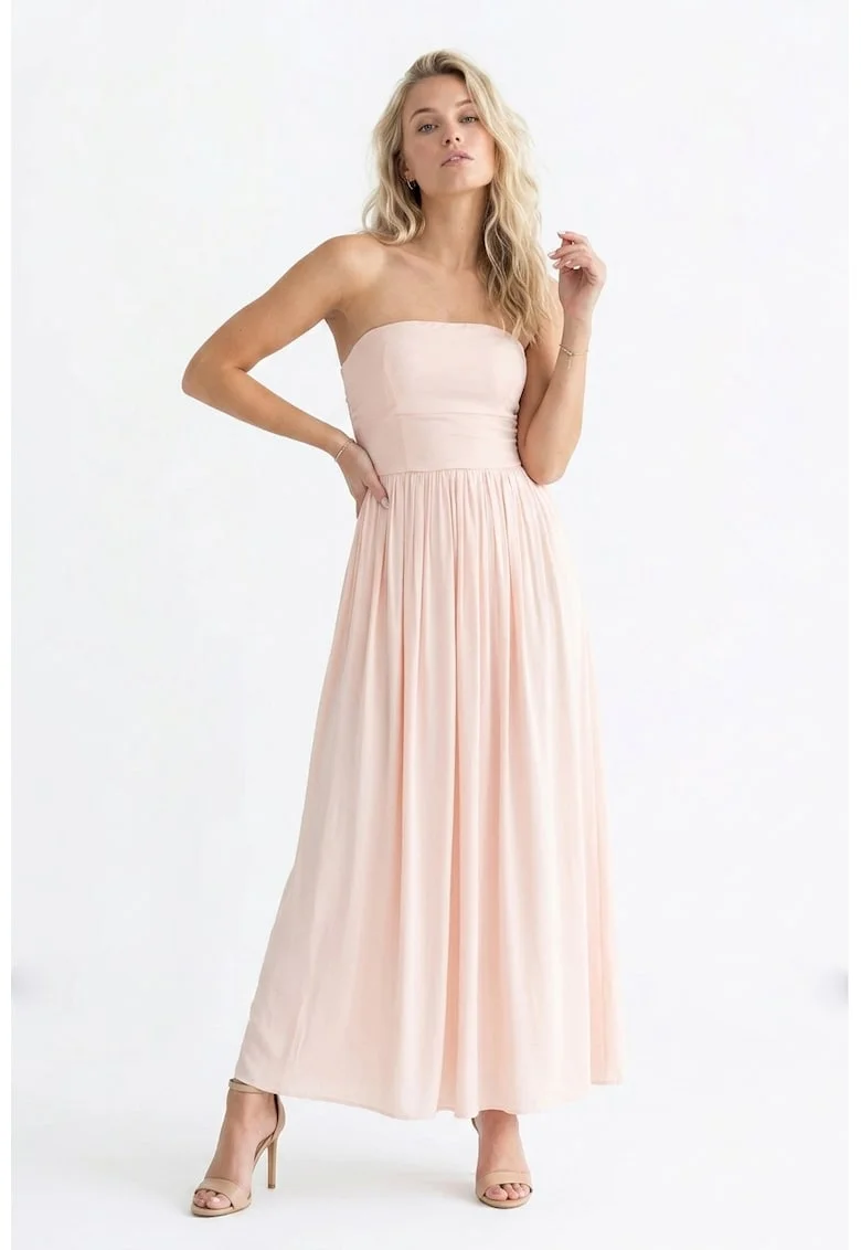 Rochie cocktail eleganta maxi, fara maneci, croiala dreapta, de tip tub, cu decolteu drept - M1344, Roz
