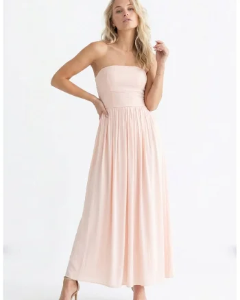 Rochie cocktail eleganta maxi, fara maneci, croiala dreapta, de tip tub, cu decolteu drept - M1344, Roz